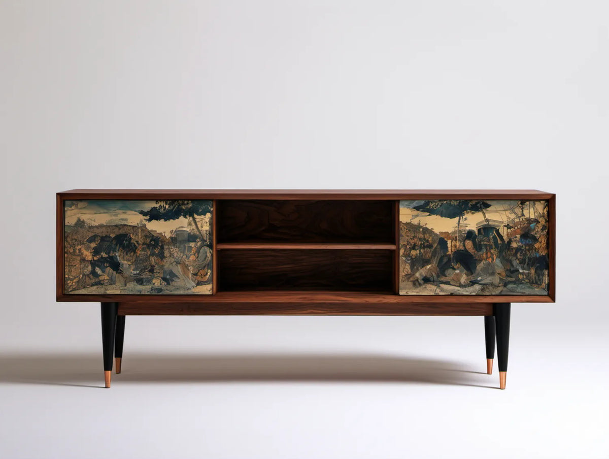 Brązowa komoda z litego drewna orzechowego z 2 drzwiami, 180 x 45 x 65 cm