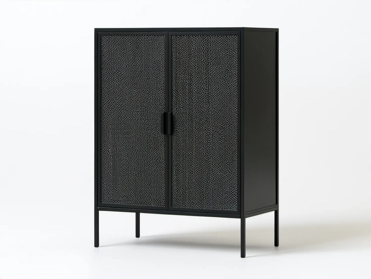Czarny metalowy kredens z drzwiami z siatki stalowej 80 x 40 x 120 cm