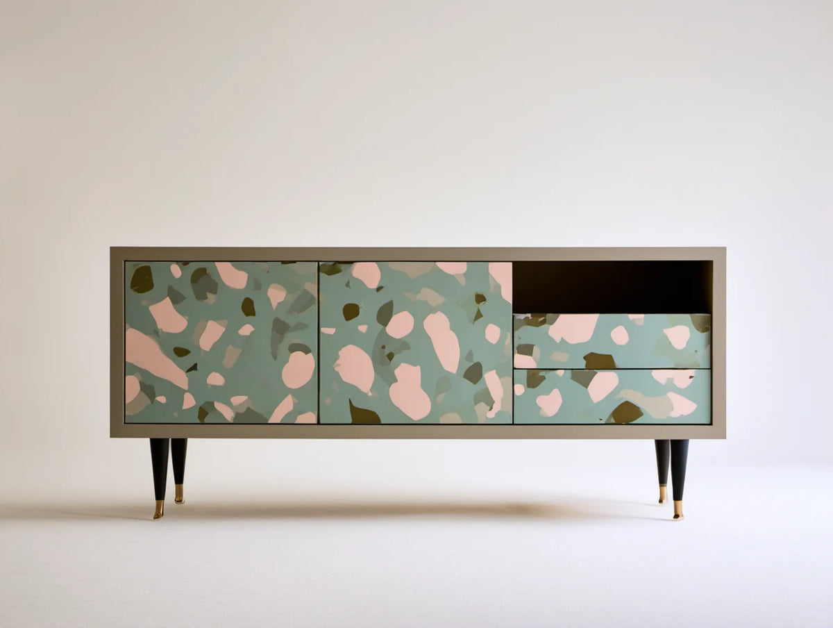 Szafka RTV modernistyczna z 2 drzwiami i 2 szufladami, zielono-różowa, 160 × 40 × 75 cm