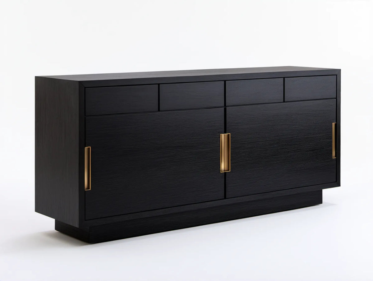 Czarny kredens do jadalni z MDF, 160 × 45 × 85 cm, 3 szuflady i 3 drzwi ze złotymi uchwytami