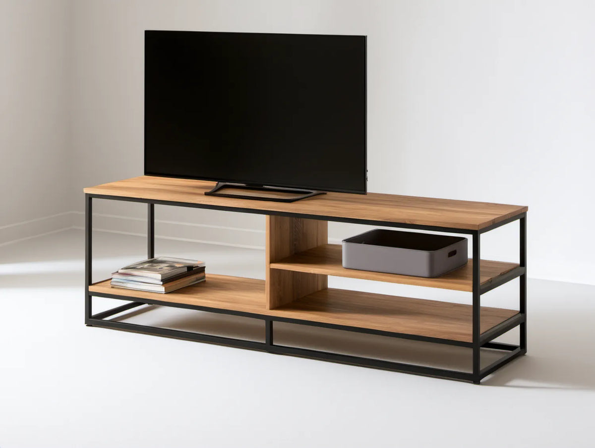 Prostokątna szafka RTV w stylu industrialnym, orzechowa/czarna, MDF i stal, 140 x 40 x 50 cm