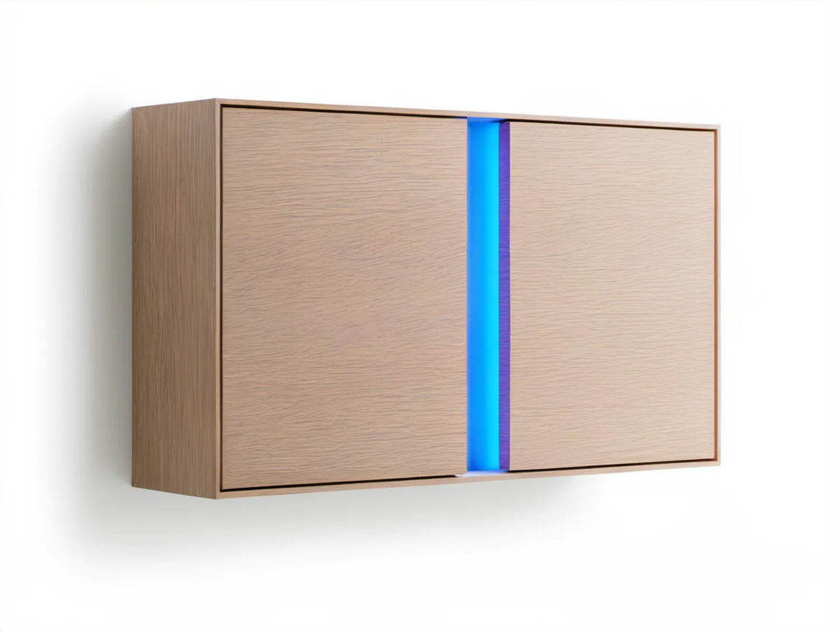 Wisząca szafka RTV z oświetleniem LED, jasny dąb/niebieski, 160 x 35 x 40 cm