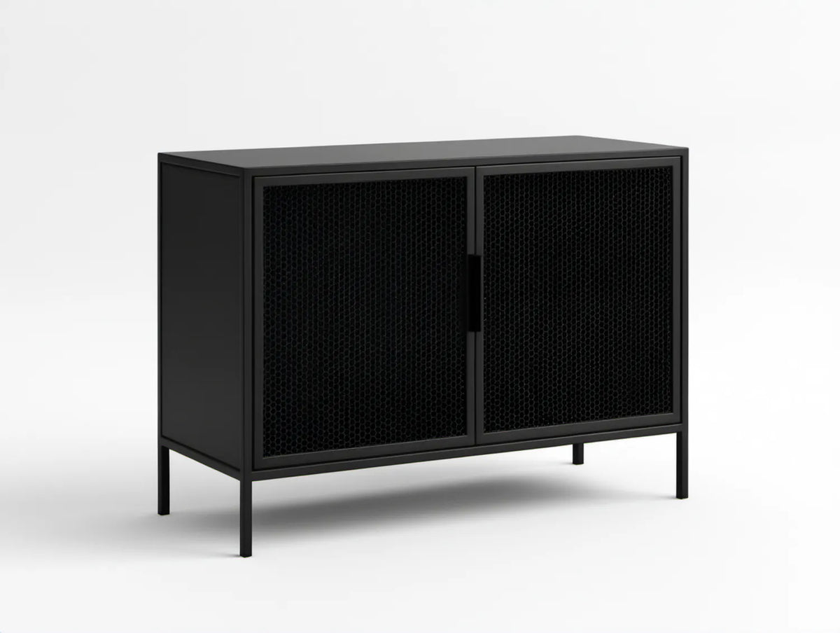 Czarna metalowa szafka 120 x 40 x 80 cm z 2 drzwiami z perforowanej siatki