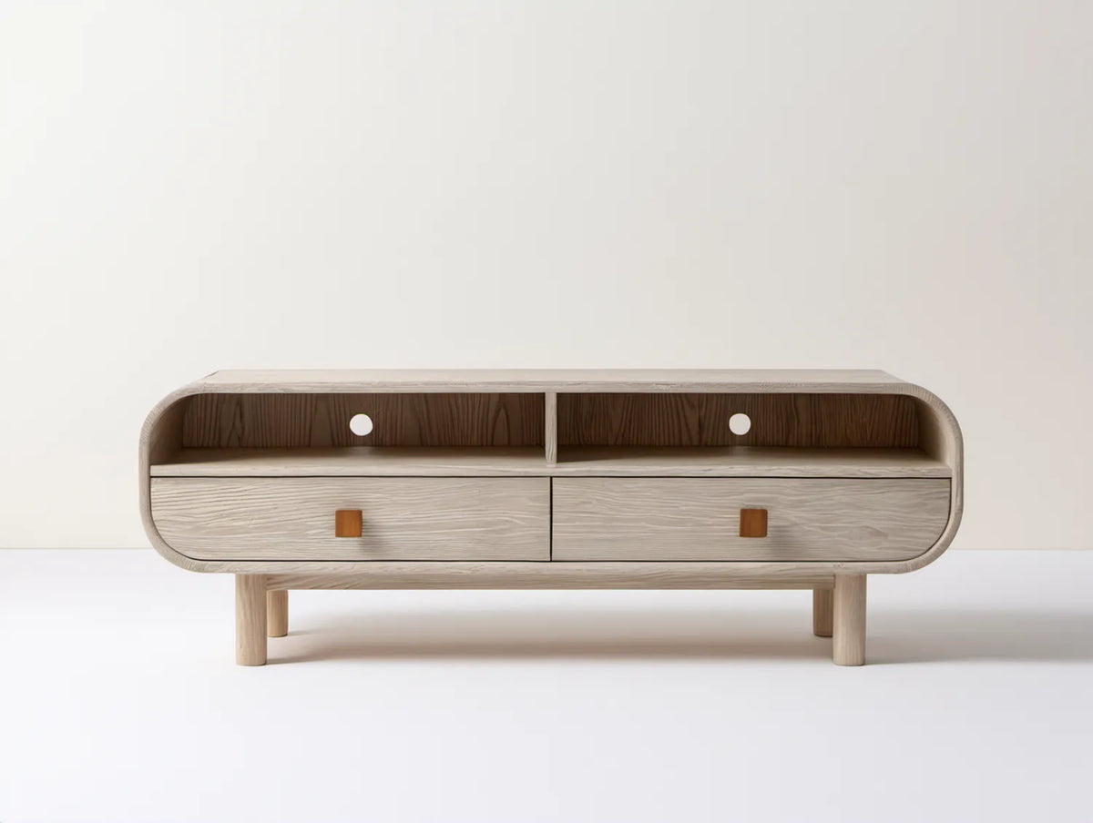 Jasnobeżowa szafka z MDF 160 x 40 x 65 cm z 2 szufladami i zaokrąglonymi bokami