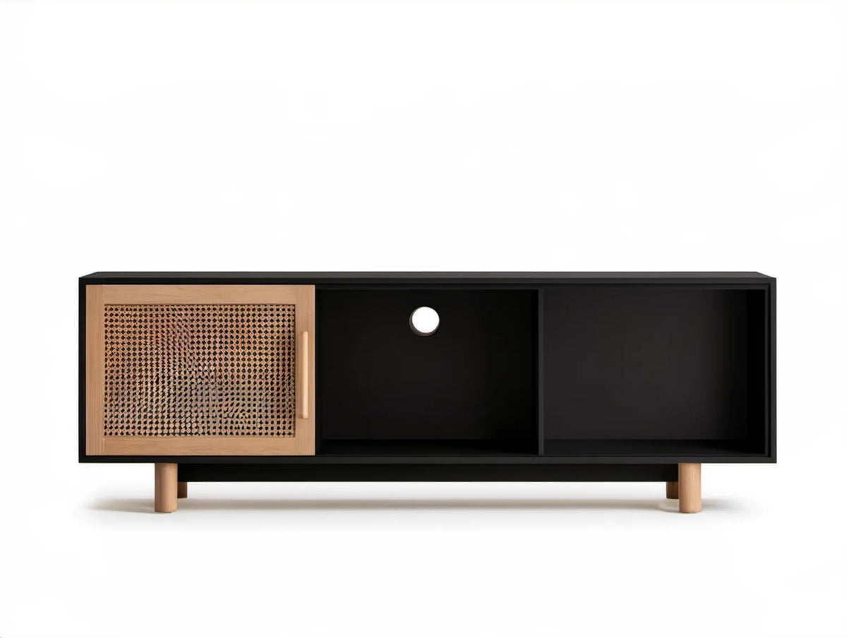 Czarna szafka RTV z frontem z naturalnego rattanu, 140 x 40 x 50 cm